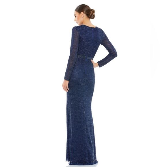 MAC DUGGAL Lattice Beaded Long Sleeve Evening Gown Size 4 Midnight blue NWT - Picture 4 of 14